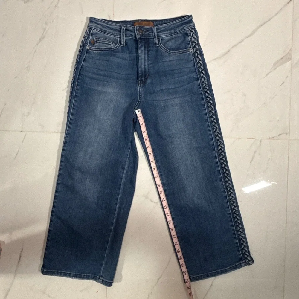 Judy Blue Wide Leg Jeans Womens 5/27 Blue Excellent Braided Side Seam Stretch
